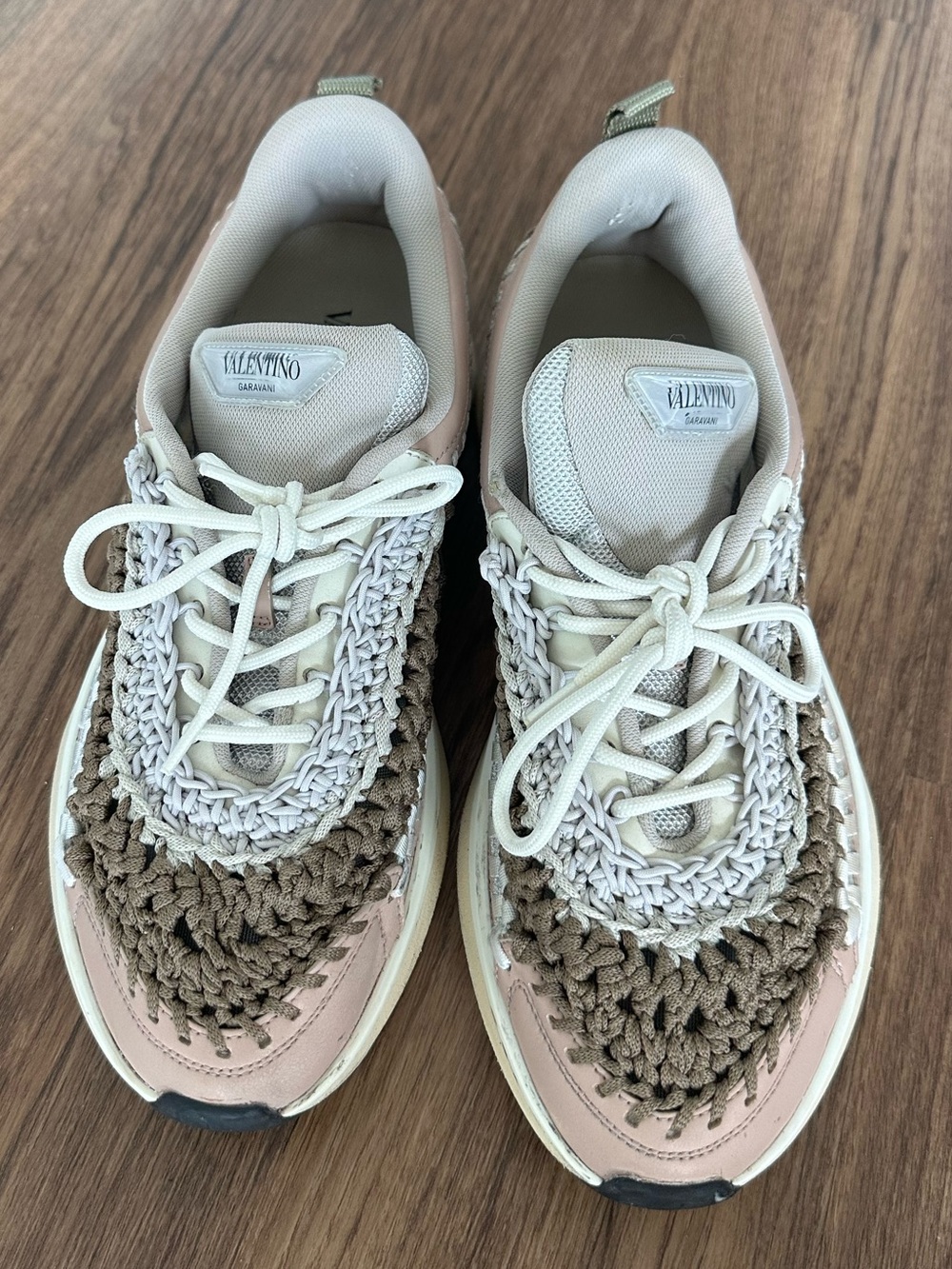 Valentino Garavani Women’s Pink, Beige and Brown Crochet-Detail Sneakers - Picture 2 of 6